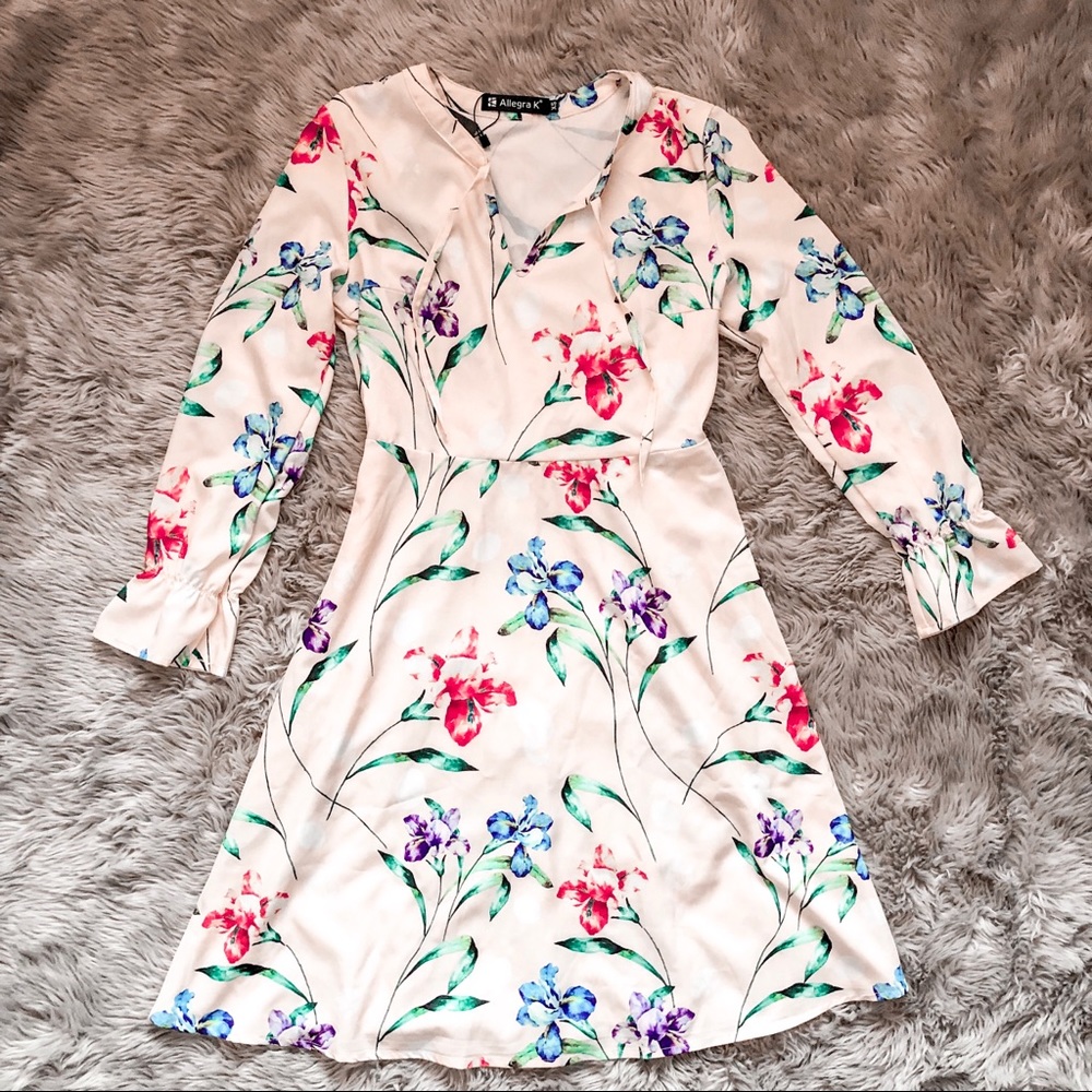 Allegra K Cream Floral Long-Sleeve Fit-and-Flare Dress